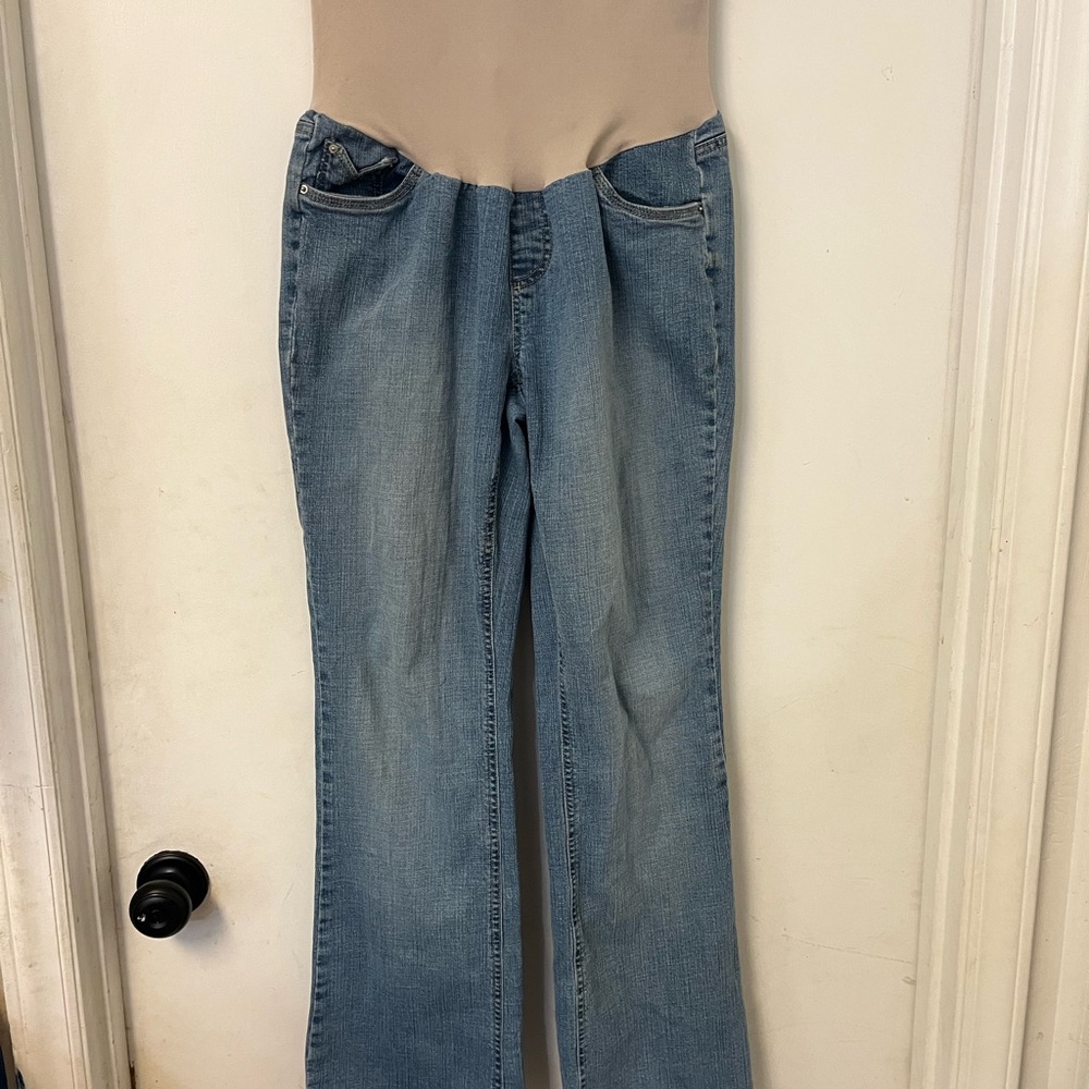 Motherhood Maternity Blue Flare Jeans with Beige Waistband